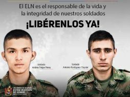 El Ejército de Colombia hizo responsable al ELN de la vida de los dos militares que mantienen secuestrados. TWITTER / @COL_EJERCITO