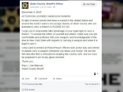 El comunicado ha sido compartido en más de 32 mil ocasiones y recibido más de tres mil comentarios. FACEBOOK / Ulster County Sheriff's Office