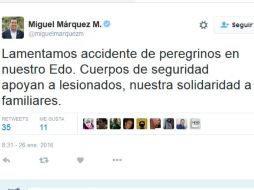 El mandatario publica su mensaje en su cuenta de Twitter. TWITTER / @miguelmarquezm