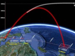 Imagen donde se ve un gráfico de la trayectoria del cohete de tres etapas lanzado por Corea del Norte para colocar su satélite. EFE / MINISTERIO DE DEFENSA DE COREA DEL NORTE
