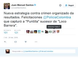 Santos reconoció a la Policía de Colombia por la captura del 'Puntilla'. TWITTER / @JuanManSantos