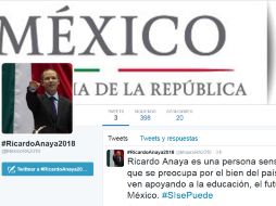 ''#SÍsePuede cambiar a México con la persona correcta, esa es Ricardo Anaya'', es uno de los mensajes que se lee en la cuenta. TWITTER / @MexicoRA2018