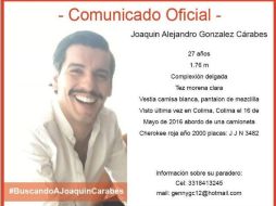 El joven tiene 27 años, es de complexión delgada, moreno claro, dientes grandes y cabello oscuro. TWITTER / @ITESO