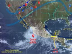 Su circulación favorece tormentas puntuales torrenciales en Jalisco, Colima y Michoacán. ESPECIAL / smn.cna.gob.mx