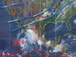 El ciclón se desplaza al noroeste a unos 22 kilómetros por hora, con vientos máximos sostenidos de 65 kilómetros por hora. ESPECIAL / smn.cna.gob.mx