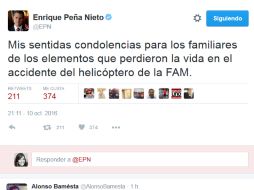 Peña Nieto envía sus condolencias a través de su cuenta de Twitter. TWITTER / @EPN