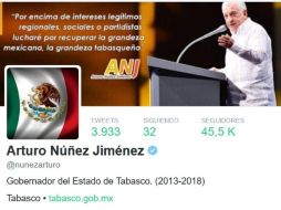 El gobernador de Tabasco, Arturo Núñez Jiménez, cambió su foto por el lábaro patrio en su cuenta de Twitter. TWITTER / @nunezarturo