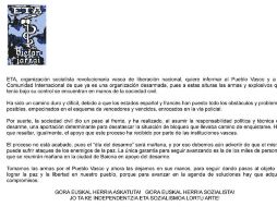 El documento firmado con el sello de ETA afirma que el desarme se realizará el sábado. EFE / ESPECIAL