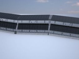 En la foto, la propuesta de la empresa Gleason Partners, quienes proponen que el muro esté cubierto de paneles solares. EFE / Gleason Partners