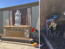 En la parte superior de la lápida se encuentra una estatua de estilo clásico de dos mujeres abrazadas. ESPECIAL / www.tmz.com