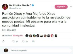 La secretaria de Cultura, María Cristina García, dio el pésame a la viuda de Xirau. TWITTER / mcristina_gc