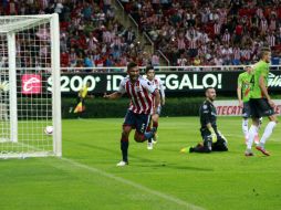 Hedgardo Marín celebra el primer gol del partido, anoche contra los Bravos de Juárez. EL INFORMADOR / M. Vargas