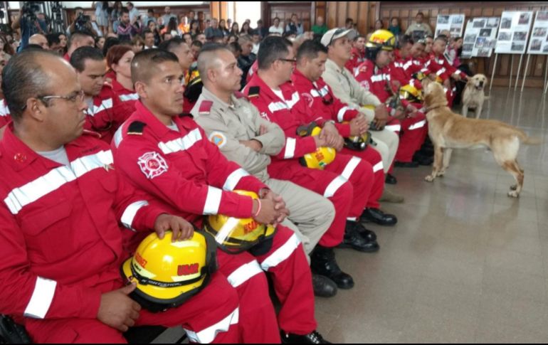 El Grupo USAR de los Bomberos de Guadalajara, con ayuda de los canes Sam y Stinky, logró rescatar a una persona con vida y tres cuerpos.  TWITTER/ @PCYBOMGDL