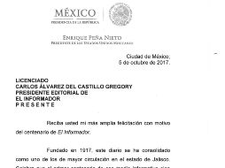 Fragmento del mensaje de Enrique Peña Nieto con motivo del centenario de El Informador. ESPECIAL