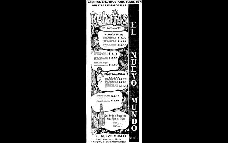Rebajas de primavera. El Nuevo Mundo era el lugar. El 22 de marzo de 1958, esta empresa anunciaba sus ofertas en sábanas, medias y un gran surtido en retacería. La “esquina de las oportunidades” incluso ofrecía un Sidral Aga en la compra.
