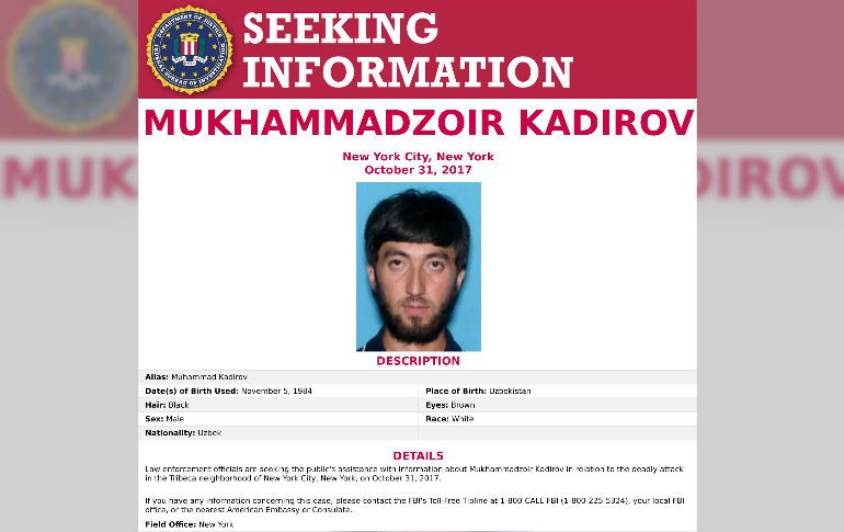 El ataque perpetrado por Sayfullo Saipov y presuntamente por Kadirov (foto) dejó ocho muertos y 12 heridos el martes. AP / FBI