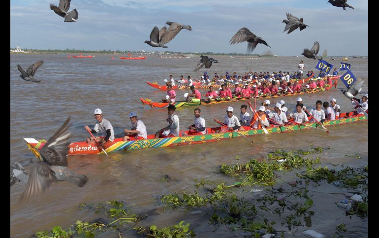 Camboyanos reman en Phnom Penh durante el Festival del agua, en el que se realizan competencias de botes. AFP/T. Chhin Sothy