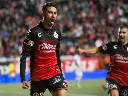 Juan Lucero celebra su anotación contra León, que le dio la victoria a Xolos. NOTIMEX/E. Jaramillo
