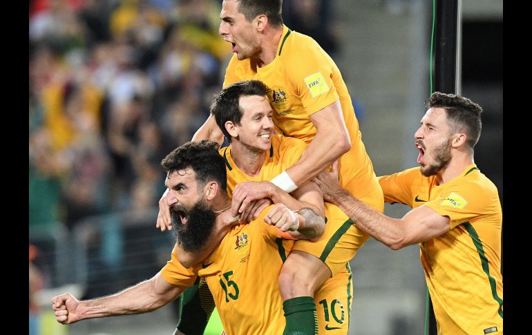 Mile Jedinak (i) celebra con sus compañeros de Australia tras marcarle un gol a Honduras, durante su partido de vuelta de la repechaje para Rusia 2018, en Sídney. Australia ganó su pase a la Copa del Mundo. EFE/ David Moir