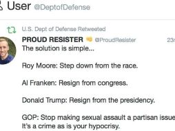 El portavoz del Pentágono, coronel Rob Manning, dijo que el mensaje “no sería respaldado por el Departamento de Defensa”. TWITER / @ProudResister