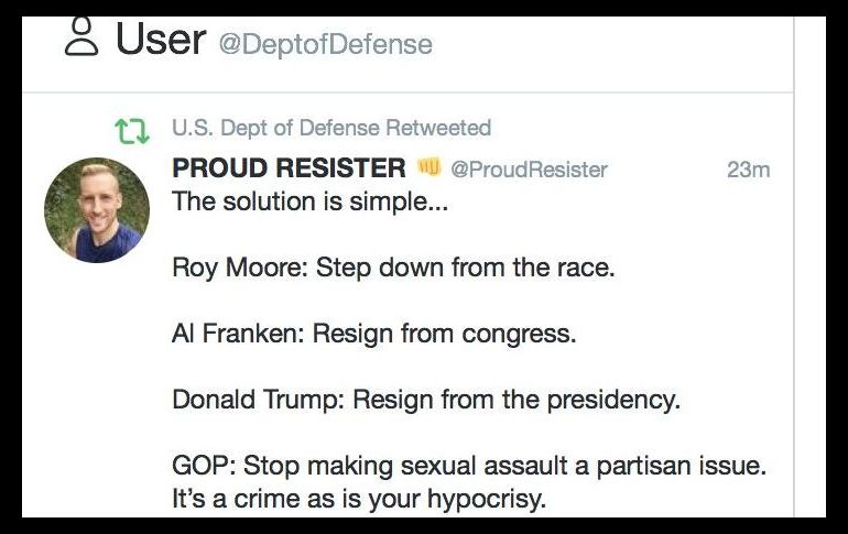 El portavoz del Pentágono, coronel Rob Manning, dijo que el mensaje “no sería respaldado por el Departamento de Defensa”. TWITER / @ProudResister