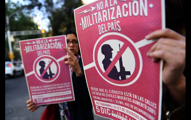 Personas protestan contra la Ley de Seguridad Interior en las inmediaciones del Senado de la República en Ciudad de México. AFP/Pardp
