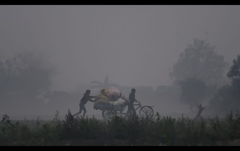 Un hombre transporta vegetales durante una mañana con neblina en Nueva Delhi, India. AFP/M. Sharma