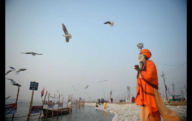 Un santón hindú realiza la oración matutina en Allahabad, India, durante el festival 