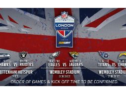 Los otros dos duelos que se tiene programados son: Eagles de Filadelfia contra los Jaguars de Jacksonville y Titans de Tennessee ante los Chargers de Los Angeles. TWITTER / @NFLUK