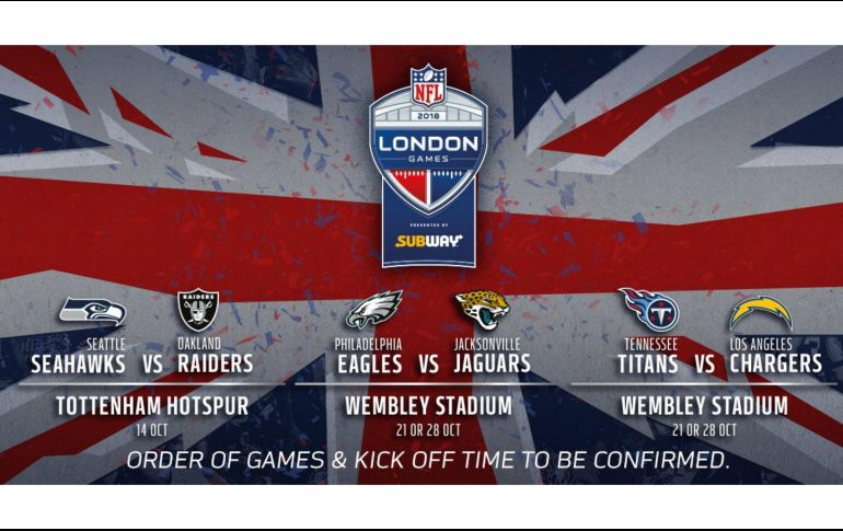 Los otros dos duelos que se tiene programados son: Eagles de Filadelfia contra los Jaguars de Jacksonville y Titans de Tennessee ante los Chargers de Los Angeles. TWITTER / @NFLUK
