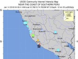 El Instituto Geofísico del Perú (IGP) situó el epicentro del sismo a 56 kilómetros al sur del distrito de Lomas-Arequipa, a una profundidad de 48 kilómetros. EFE/USGS