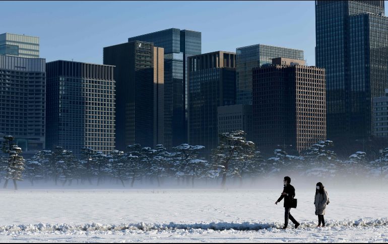 La nieve cubre el suelo cerca del Palacio Imperial en Tokio, Japón. AFP/T. Kitamura