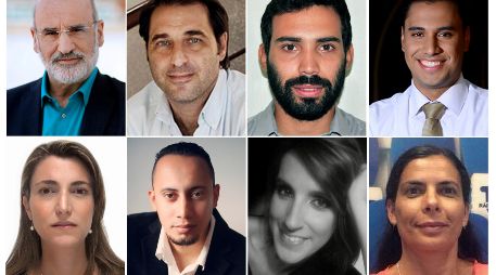 Los ganadores. De izquierda a derecha, Fernando Aramburu, Juan Roberto Mascardi, Julio Batista Rodríguez, Alexánder Rivera, Patrícia Toledo de Campos, Santiago Saldarriaga, Alicia Hernández Sánchez y Rute Isabel da Silva. EFE