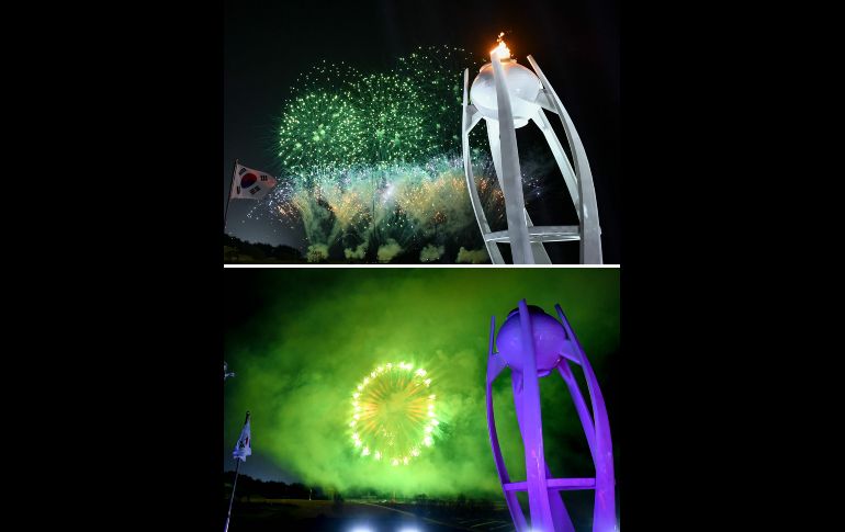 La llama olímpica encendida (arriba) y luego apagada. AFP/F. Choblet