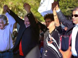 El mítin en Santana do Livramento sirvió para que los expresidentes reflexionaran sobre la izquierda regional. AFP/I. Aguiar