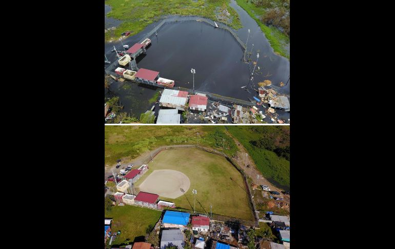 El barrio de Juana Matos en la población de Catano (abajo) el pasado 19 de marzo. Y una vista tras el paso de 