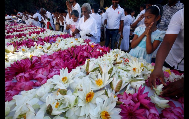 Devotos budistas realizan ofrendas florales y de incienso con motivo del Día Vesak en el templo Kelaniya Rajamaha Viharaya, cerca de Colombo, en Sri Lanka. El Vesak conmemora el nacimiento, la iluminación y la muerte de Buda. EFE/ M.a.pushpa