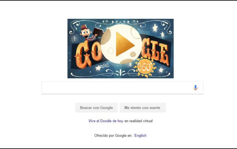 En su página principal, la compañía publica un video de la película ''Viaje a la Luna'', que puede ser apreciado en su vista de 360 grados. ESPECIAL / google.com.mx