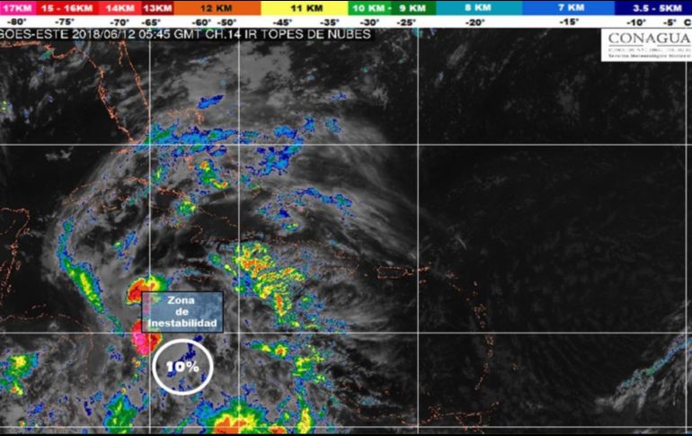 La zona de inestabilidad registra vientos sostenidos de 25 kilómetros por hora y rachas de 35 kilómetros por hora. TWITTER/@conagua_clima