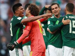 Jugadores mexicanos celebran su triunfo ante Alemania. NTX / A. Denisov