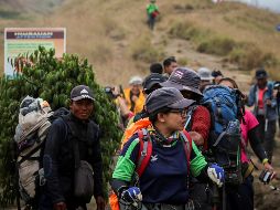 Senderistas locales y extranjeros bajan de la montaña Rinjani durante una evacuación un día después del terremoto de Lombok, en la provincia occidental de Nusa Tenggara. EFE/STR