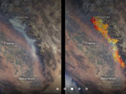 Una de las imágenes muestra el incendio de Ferguson que ardió el 13 de julio en el Bosque Nacional Sierra, al oeste del Parque Nacional Yosemite. ESPECIAL / climate.nasa.gov