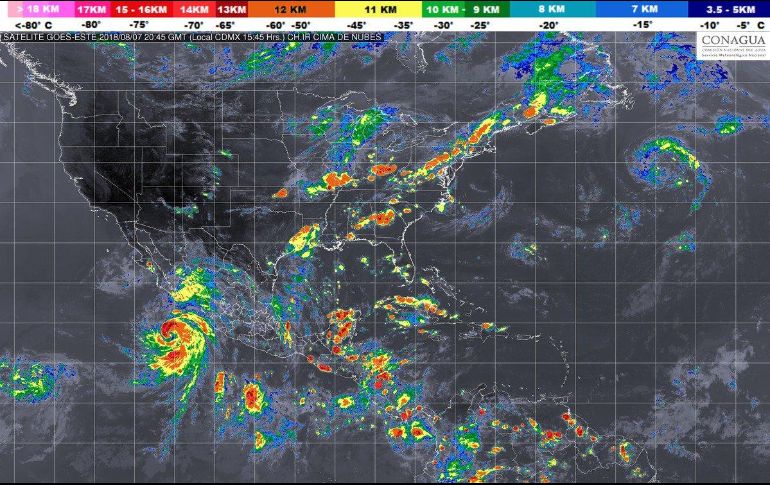 El huracán tiene vientos máximos sostenidos de 165 km/h y rachas de 205 km/h y se ubica a 470 km al sur de Cabo San Lucas, Baja California Sur. TWITTER/ @conagua_mx