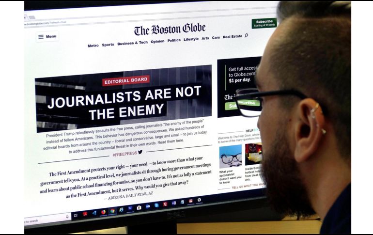 ''Llamar a la prensa 'el enemigo del pueblo' es un peligro para el tejido cívico que hemos compartido durante más de dos siglos'', indicó el diario The Boston Globe. EFE / M. Antin