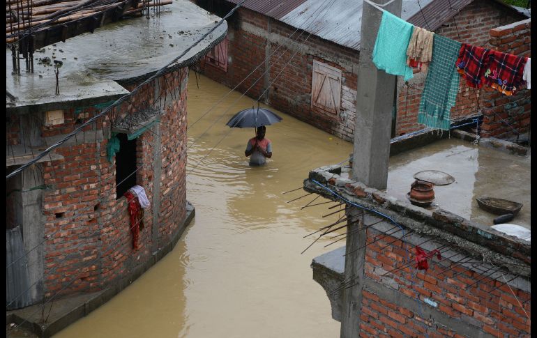 Un hombre camina en una zona inundada de Siliguri, India, tras el desbordamiento del río Panchanai debido a lluvias continuas. AFP/D. Dutta