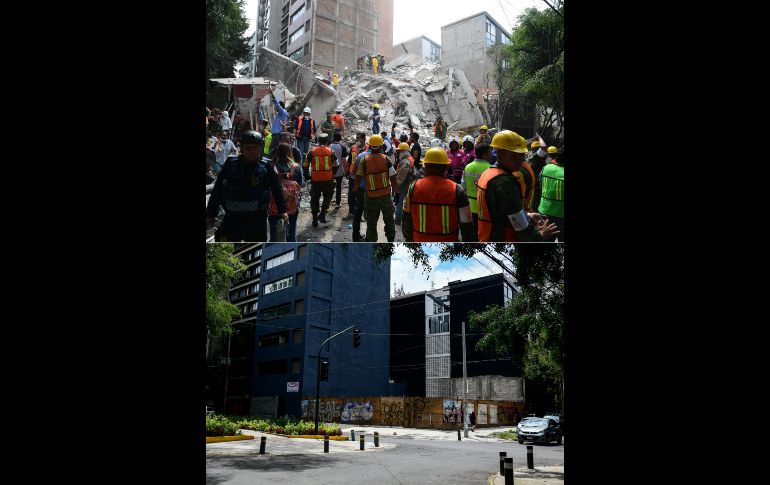 El entonces y ahora en un punto de la colonia Condesa. Además, unos 11 mil 500 inmuebles resultaron con daños de leves a graves. AFP/R. Schemidt