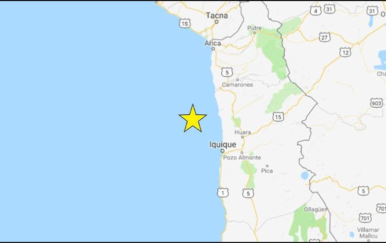 El epicentro se localizó en el mar, 18 kilómetros al oeste de Pisagua y unos mil 950 de Santiago. TWITTER/@SismologiaCh