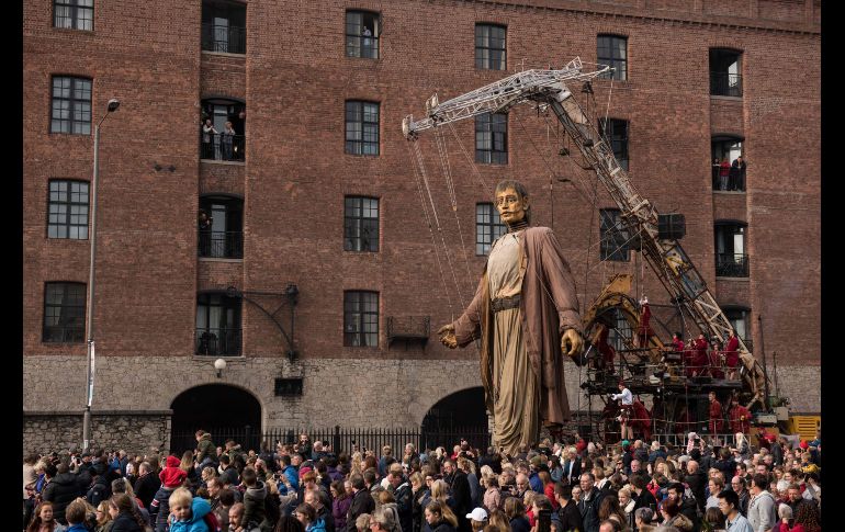 Una marioneta gigante pasa por la dársena en Liverpool, Inglaterra, como parte de la producción de la compañía francesa de teatro callejero Royal de Luxe. El espectáculo de marionetas gigantes de la compañía ha viajado alrededor del mundo y tomado las calles de ciudades como Guadalajara. AFP/O. Scarff