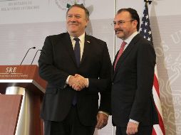 Luis Videgaray, y el secretario de Estado de Estados Unidos, Michael Pompeo, ofrecieron un mensaje conjunto en la Secretaria de Relaciones Exteriores. SUN / C. Mejía