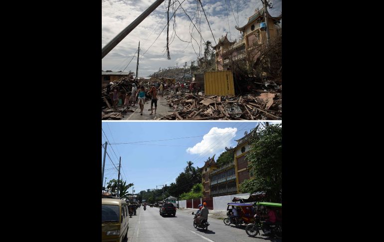 Un templo chino en Tacloban tras el meteoro y actualmente. El muro de agua de mar que el tifón envió hacia las zonas costeras densamente pobladas fue una de las causas del alto número de víctimas.